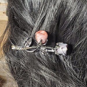 Gray & Peach Silk Roses Petite  Hair Barrett - Hair Clip